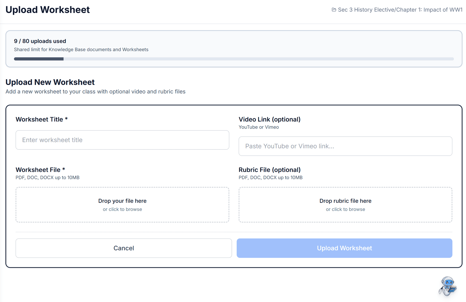 Upload worksheet interface